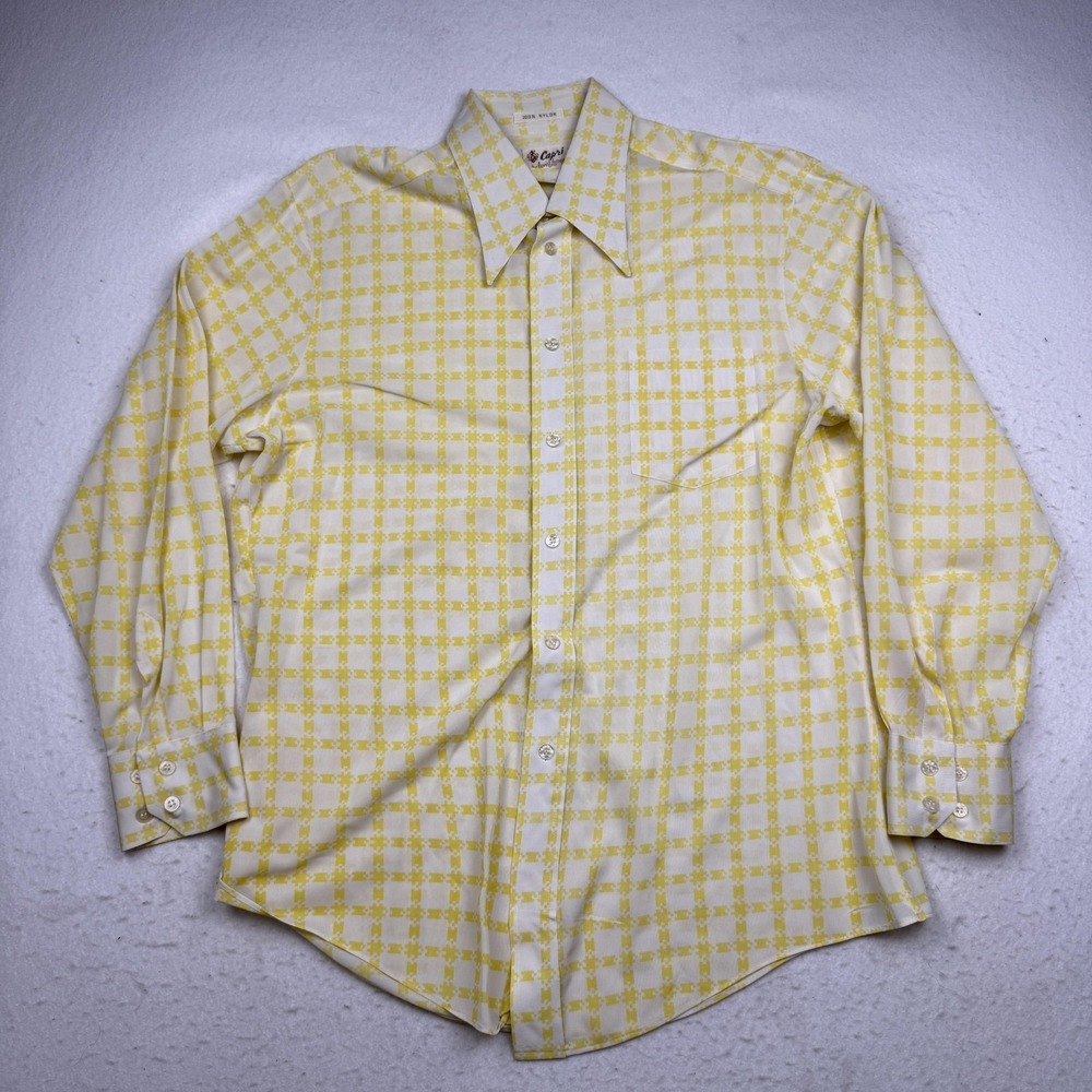 Vintage Capri Shirt Mens Large Yellow Check Long Sleeve Nylon Button Up 70s